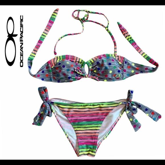 Ocean pacific gray rainbow striped polkadot bikini - Picture 1 of 5